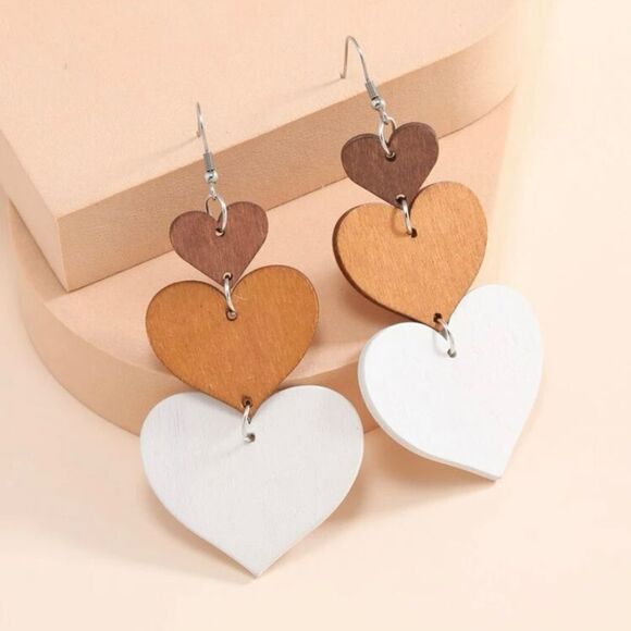Jewelry - Pair of wooden earrings, dangle, heart, cute, layer, white, brown